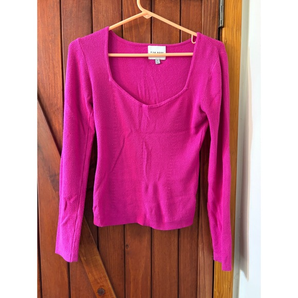 Pink Rose Sweaters - Pink Rose Fuchsia Pink Ribbed Knit Sweetheart Neck Long Sleeve Sweater Medium